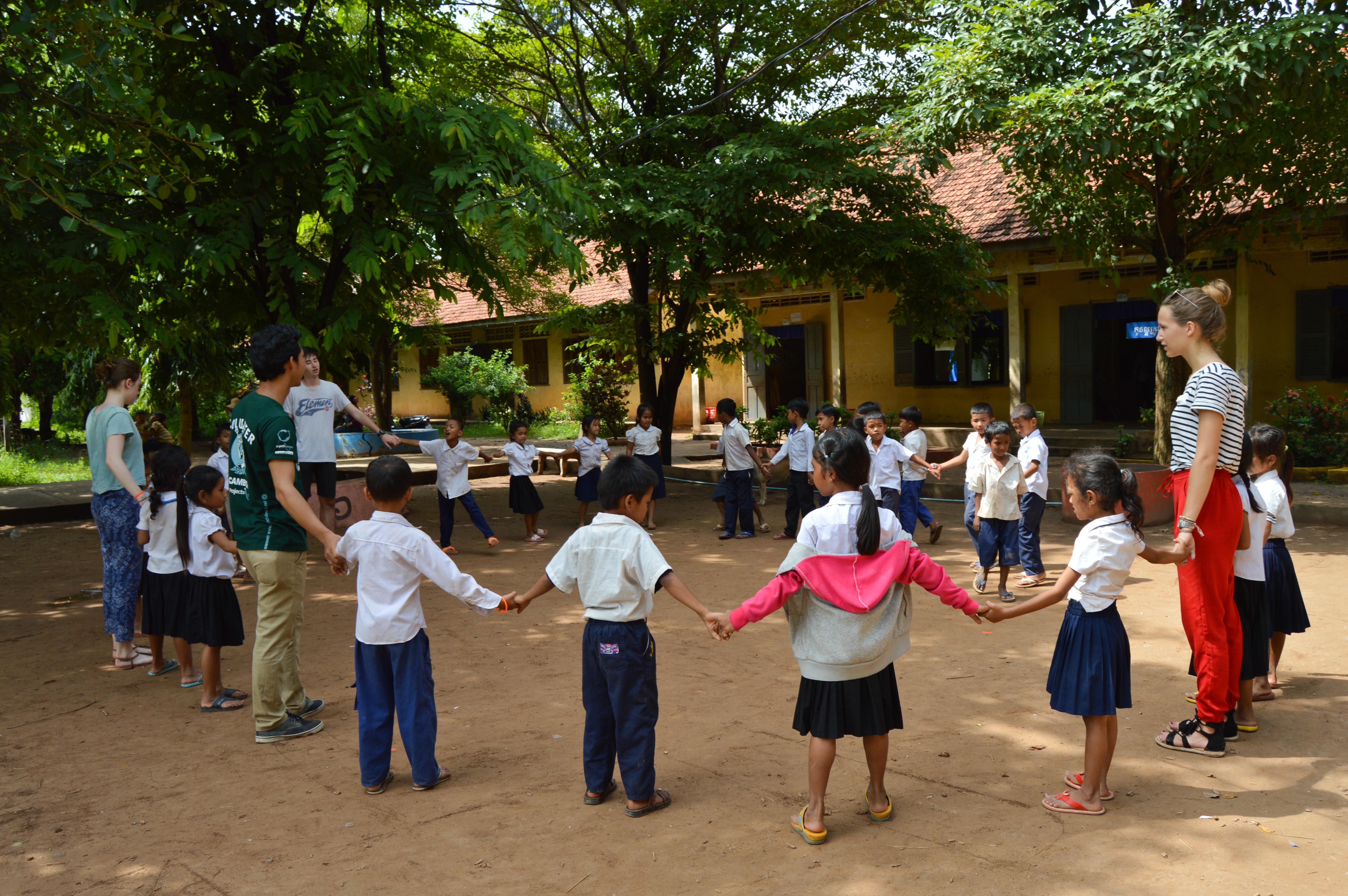 As part of their community work in Cambodia, volunteers on group trips will also help support early childhood development goals through activities and games. Childcare work in Cambodia for volunteers on group trips includes playing games with children, or doing fun activities.